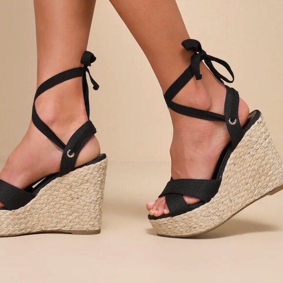 Lulus NWOT Esme Black Lace-Up Espadrille Wedges - Picture 6 of 6